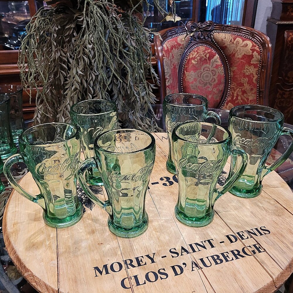 Set of 6 Vintage Libbey Green Glass Coca-Cola Coke Mug with Handle 14oz